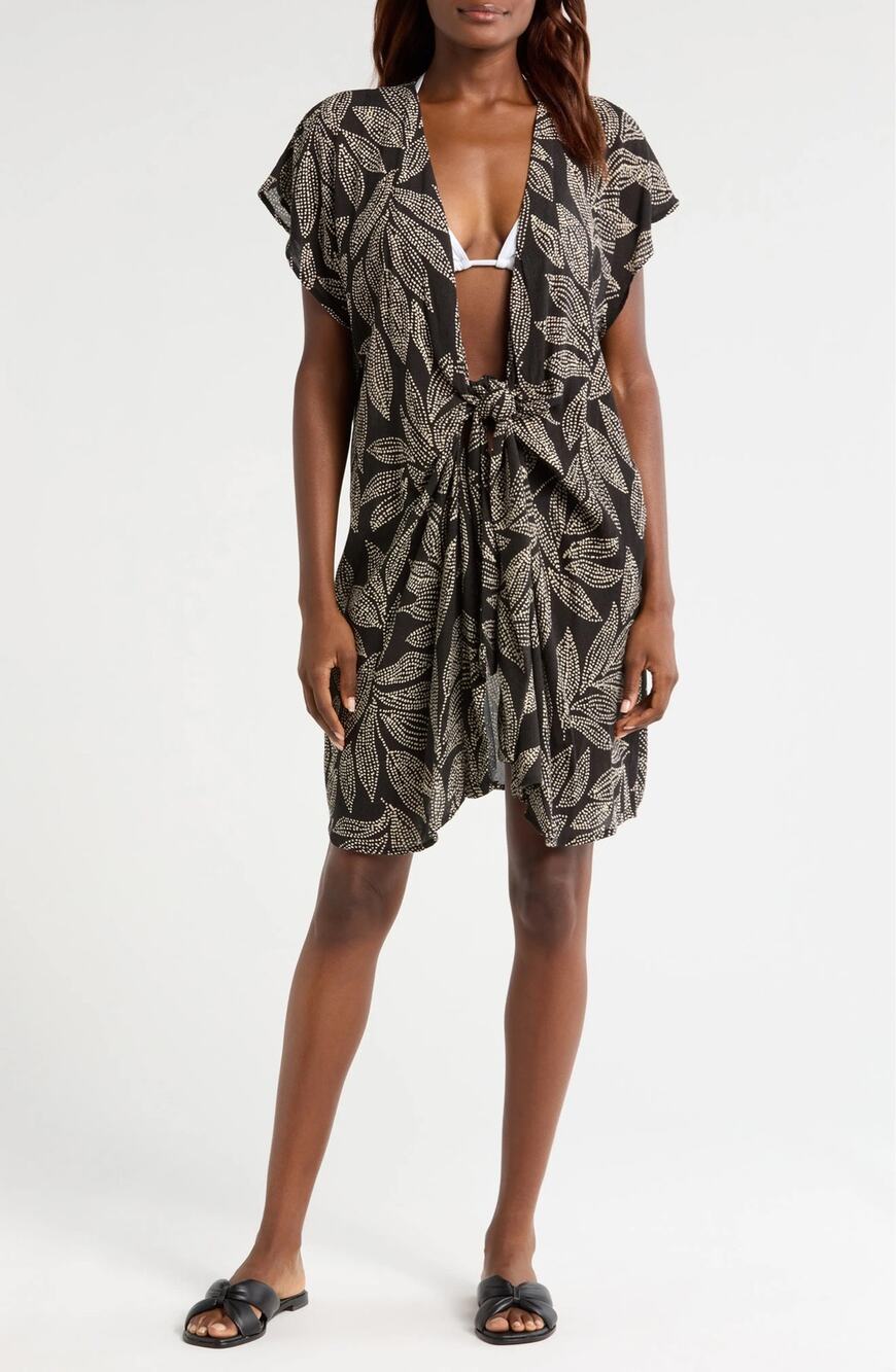 Elan Black + Cream Leaf Print Short Sleeve Tie Front Swimsuit Coverup Medium